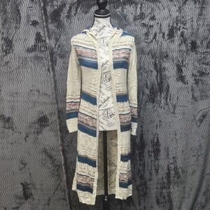 Charlotte Russe Hooded Cardigan Womens M Striped Crochet Beachy Coastal Duster